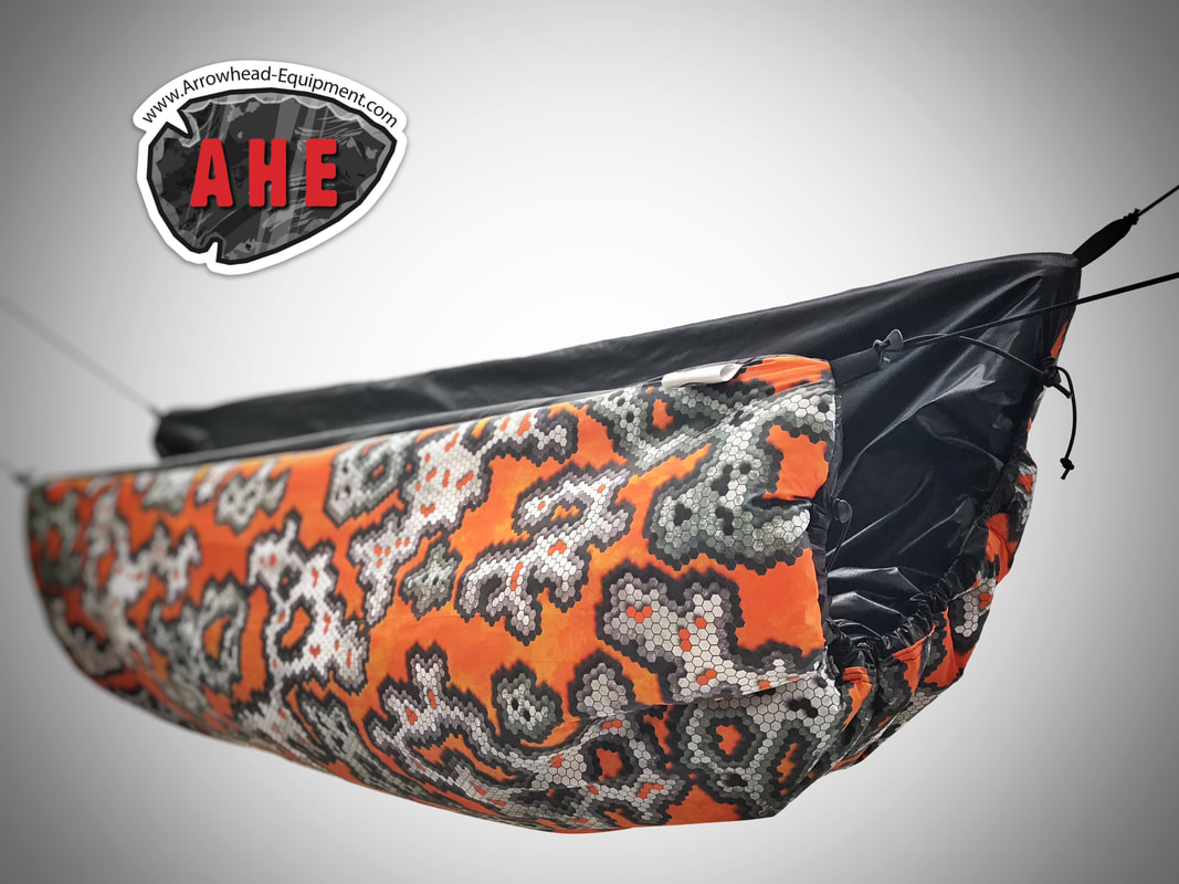 Orange Jarbidge underquilt for hammock camping and backpacking in HexCam fabric,